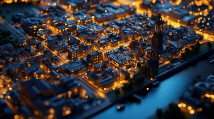 Aerial view of a vibrant cityscape at night, showcasing illuminated buildings and waterways