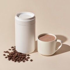 White canister and mug of hot chocolate, coffee beans scattered