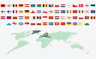 National Flags of the European countries, Postage Flag Set. European Flags with World Map.