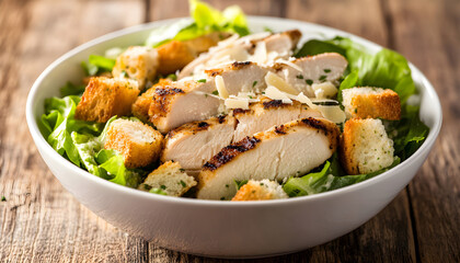 Caesar salad with chicken and greens on wooden table