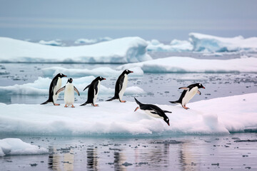 南極の氷上を歩くペンギンたちと冷たい海の風景