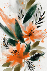 Vibrant boho floral design featuring orange blooms and lush green foliage in a contemporary artistic style