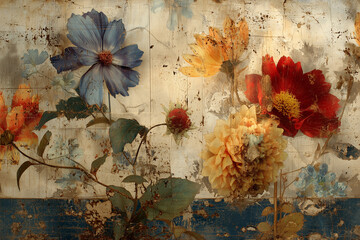 Floral decay on metal abstract artwork evokes nostalgia with intricate details and rich colors