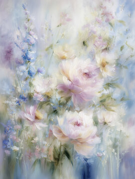 Floral oil painting featuring delicate blooms in soft pastel colors