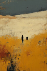 Two silhouetted figures stroll through a golden wheat field, surrounded by vast open space