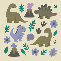 Dinosaurs, flowers, leaves, and volcanoes on a beige background
