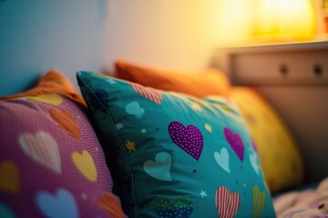 Colorful heart-patterned pillows arranged on a cozy bed with soft lighting creating a warm atmosphere