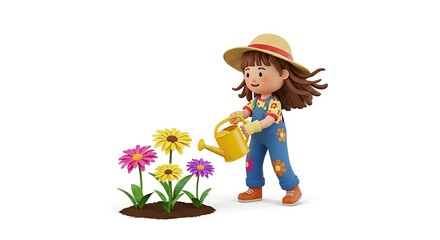 Cute cartoon 3D girl gardener with brown hair strands coming out from under a sun hat, holding a watering can and watering flowers. Isolated on white background.