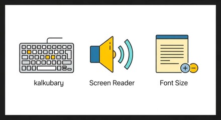 Illustration of keyboard, speaker, and font size icon representing accessibility features on a screen
