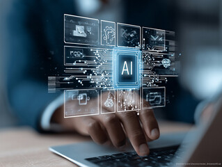 Businessman use artificial intelligence AI technology for enhanced work efficiency data analysis and efficient tools, Unlocking work potential with AI solutions chatbot help solve work problems.