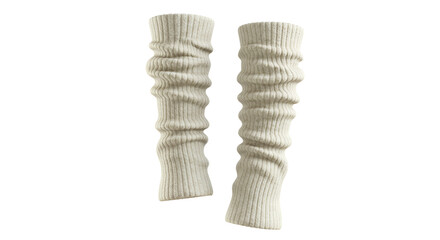 Pair of Textured Ribbed Knitted Leg Warmers Against White Background.