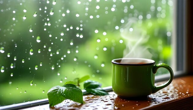 A steaming green mug sits on a windowsill, overlooking rain-streaked glass and lush greenery.