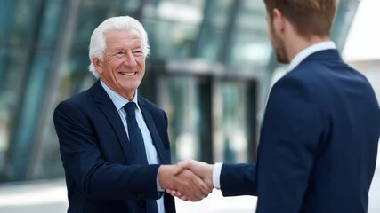 Senior man business handshake suit outdoor modern office smiling professional agreement partnership success confident urban mature executive teamwork greeting cooperation meeting deal happy formal - Powered by Adobe