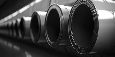 A long line of pipes with a black and white color scheme
