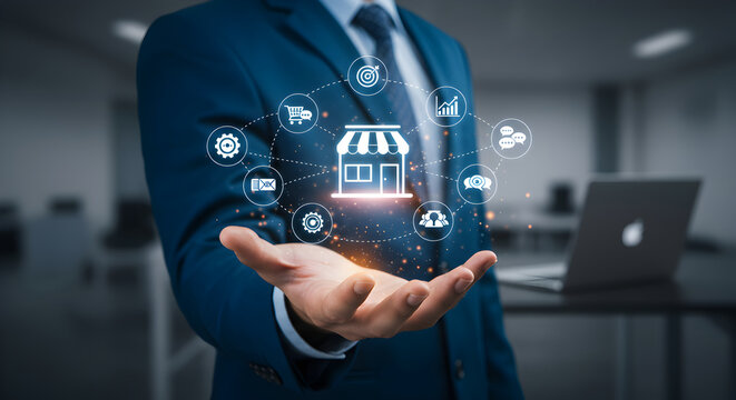 Professional's hand displays a vibrant digital network connecting online retail with essential business services.