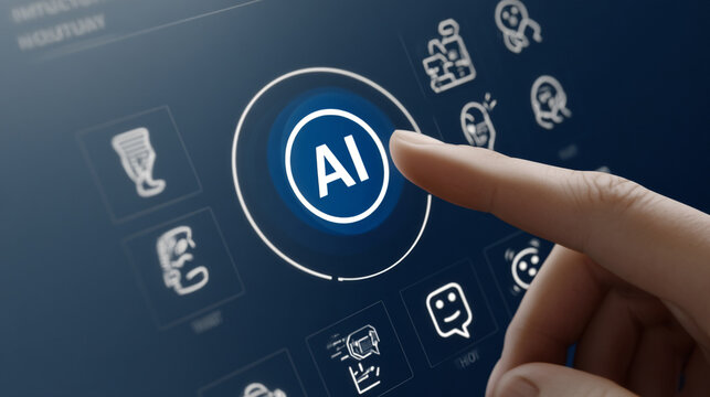 Close-up of a hand about to press an AI button on a digital screen, featuring the "AI" text and various icons in a modern design style.