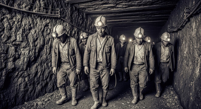 Coal miners underground working hard in dark mine shaft with headlamps on a dangerous job setting - Powered by Adobe