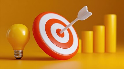 A yellow light bulb, target with arrow, and ascending bar graph on a yellow background symbolize innovation, goals, and growth.