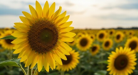 Fototapeta premium Sunflower swaying in the wind under a bright summer sky in a golden field