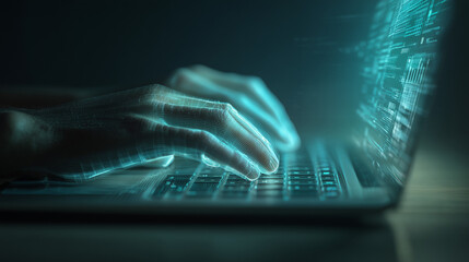 Glowing hands typing on a laptop keyboard with code overlay in a dark environment showing technology