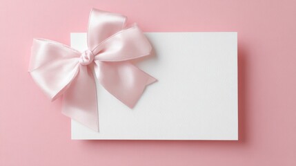white blank mockup card with silk bow on it on pink background, wedding cards, bridal shower or other party invitation cards, christmas, birthday, Place for text. Flat lay.