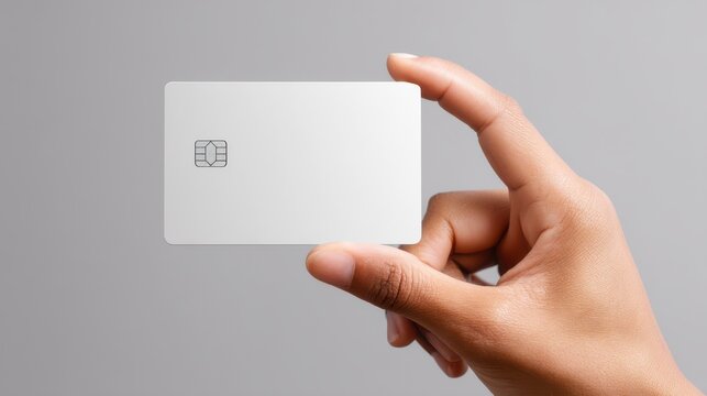 Hand holding a levitating blank credit card featuring a microchip, ideal for financial concepts and mockups, set against a gray background with ample copy space.