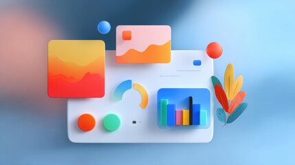 Abstract 3D illustration featuring colorful graphs and charts on a blue background, symbolizing data analysis and digital technology.