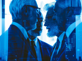 Three people talking in a business conference with a blue Matrix filter 