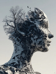 Human face made of electric wires and circuits, depicting Artificially intelligent robots, Augmented reality 