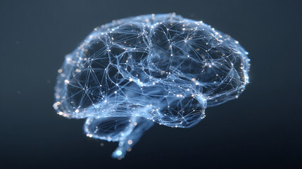 A wireframe brain model in light blue, constructed from thin glowing lines with a glass-like transparency. stock image