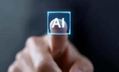 Close-up of a hand touching a virtual button with "AI" text on a hologram digital screen and a documents icon background. This concept represents artificial intelligence technology
