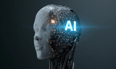 A glowing blue light shines on the side of an illustration of a human head with circuit board patterns inside, symbolizing artificial intelligence. The "AI" logo is visible in brain