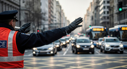 Naklejka premium Traffic control officer directing traffic in city street with cars and buses for traffic management