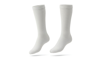 Two White Ribbed KneeHigh Socks Floating on White Background Studio Shot.