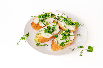 Sandwiches with fresh sprouting microgreens. Sprouted peas seeds micro greens. Vegan food