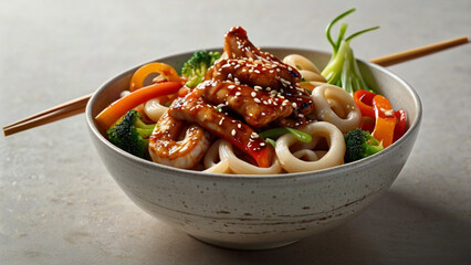 Udon noodles served with grilled chicken and teriyaki sauce. Rich taste and beautiful presentation.