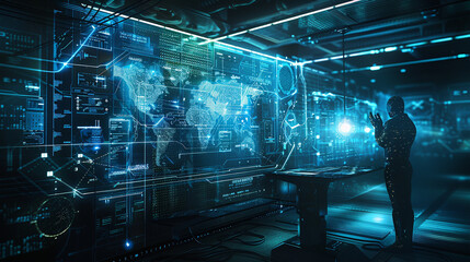 A human interacting with Artificially intelligent holographic screen futuristic technology background