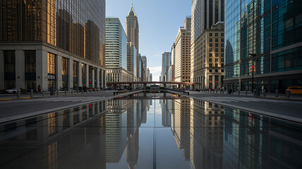Obraz premium Modern city street reflecting skyscrapers in still water. 