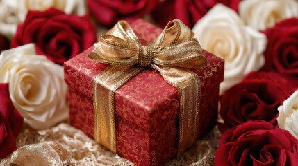 Red gift box with roses and gold bow, romantic backdrop.