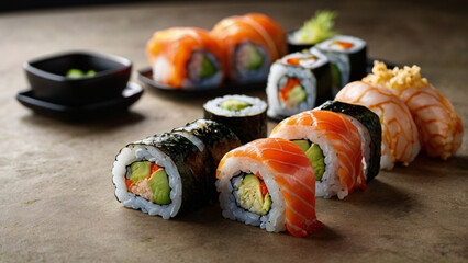 Variety of fresh sushi rolls arranged beautifully, captured in detail with professional studio lighting.