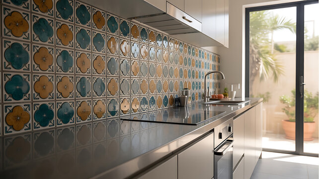 Modern kitchen with patterned tile backsplash and stainless steel appliances.
