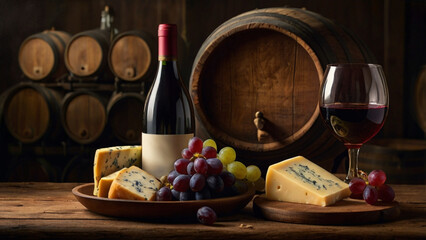 Glass and Bottle of Wine with Cheese and Grapes by Wooden Barrel