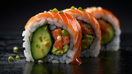 Fresh assorted sushi rolls arranged neatly, captured in a close-up with professional studio lighting.