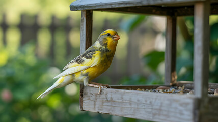 Yellow bird at a wooden bird feeder.
