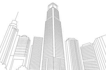 Skyscrapers rise in a modern city skyline.
