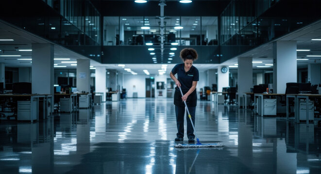 Office cleaning services professional cleaning service woman mopping floor commercial cleaner tidy office