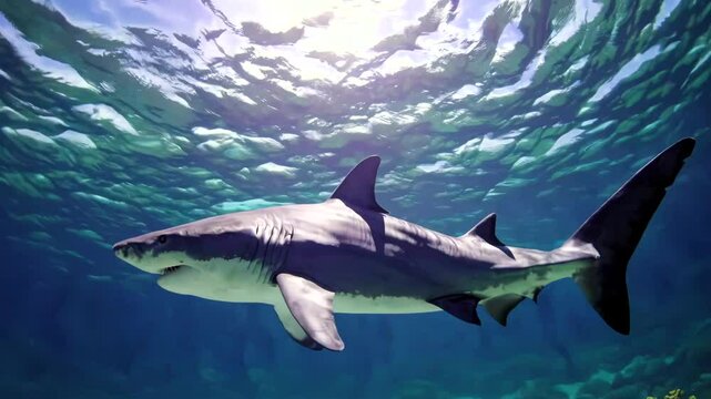 Predatory shark gracefully navigating transparent turquoise waters, displaying muscular silhouette against vibrant marine landscape