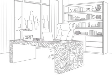 Fototapeta premium Modern office interior, detailed drawing. 