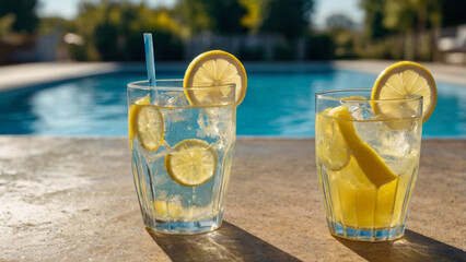 Chilled Lemonade Glass with Ice Near Swimming Pool