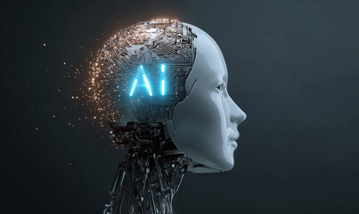 A glowing blue light shines on the side of an illustration of a human head with circuit board patterns inside, symbolizing artificial intelligence. The "AI" logo is visible in brain